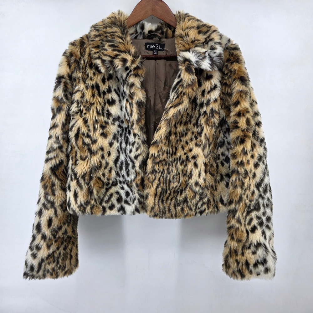 Leopard Print Faux Fur Cropped Jacket Size S/M Mob Wife Glam